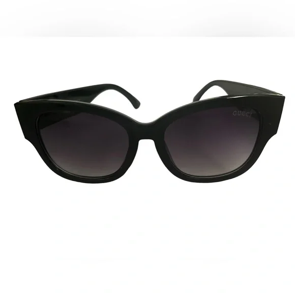 Black Semi Cat Eye Sunglasses with Purple Lenses - Rhinestones & Gold Emblems - Picture 2 of 10